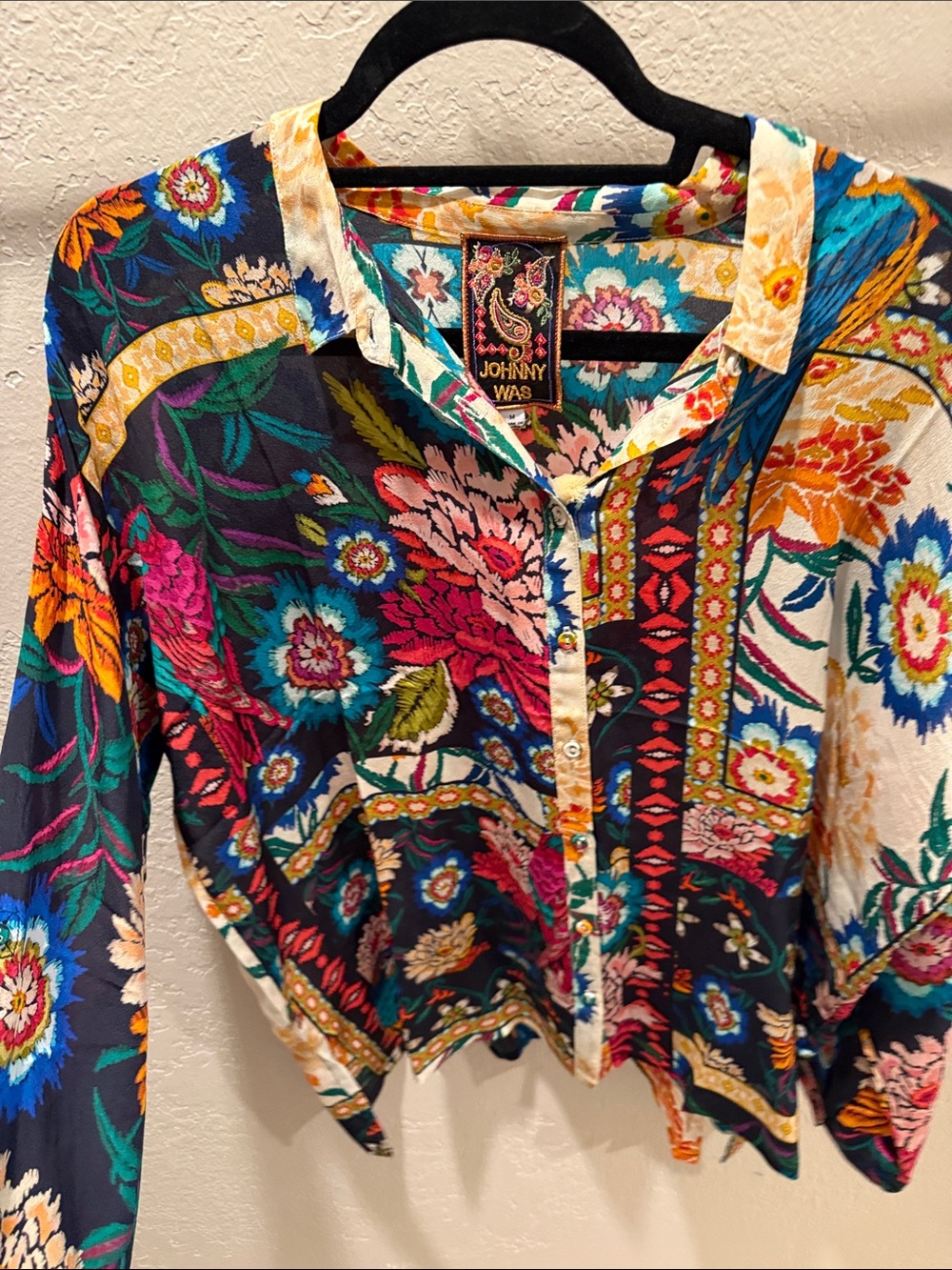 Johnny Was Multicolor Floral Patchwork Button-Down Silk Blouse - Picture 4 of 6